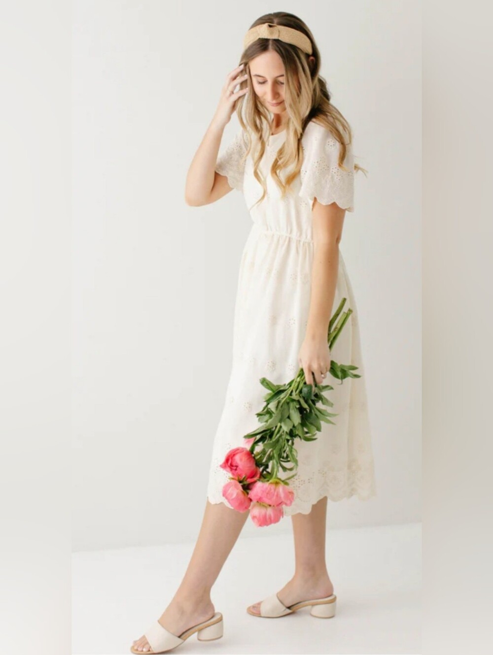 Women's Embroidery Romantic Puff Short Sleeve Rayon Cream Midi Dress Size L - Picture 1 of 17